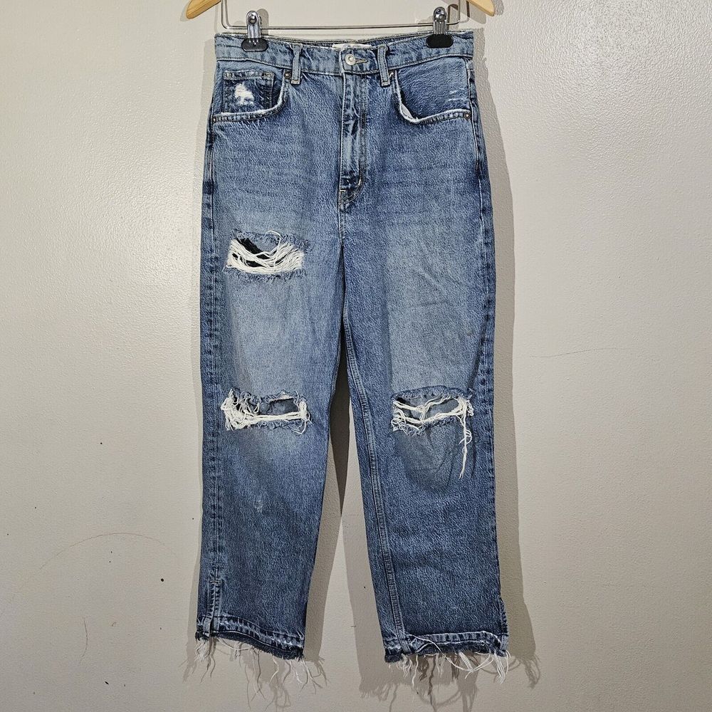 We The Free Jeans Womens 28 Light Wash Ripped High Rise‎ Raw Hem Straight Leg